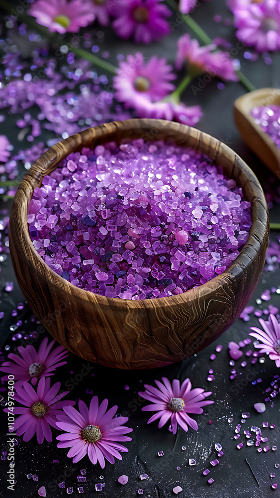 Wooden Bowl of Pink Crystals with Purple Flowers Wooden Bowl of Pink Crystals with Purple Flowers