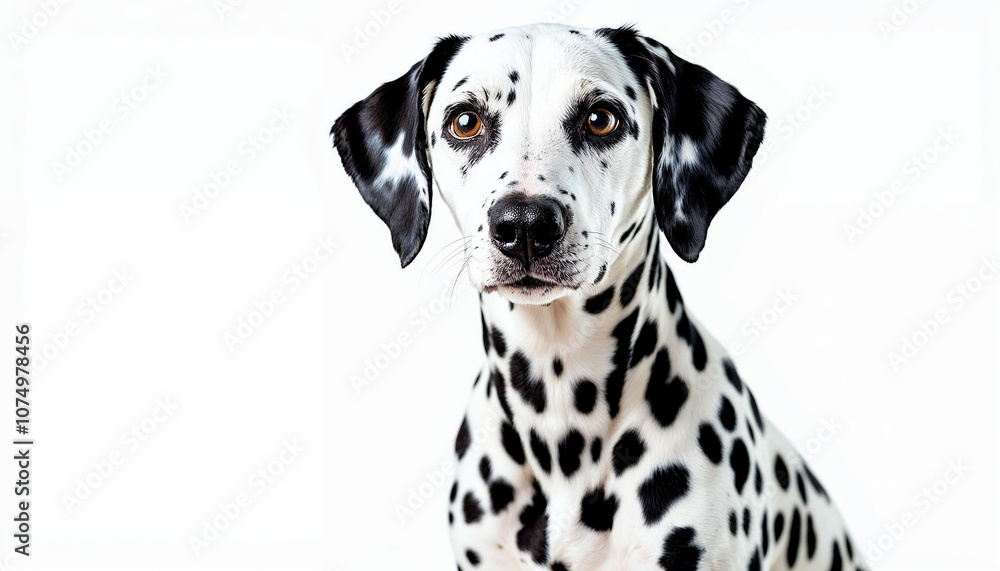 A cute Dalmatian dog with black spots, sitting against a pure white background, perfect for pet-related advertising.
A cute Dalmatian dog with black spots, sitting against a pure white background, perfect for pet-related advertising.