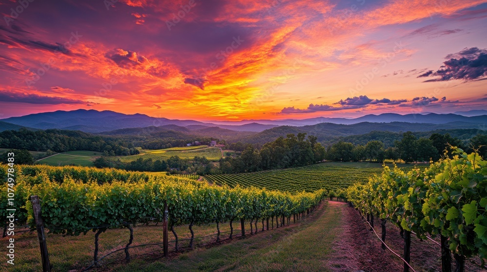 Naklejka premium A breathtaking sunset over vineyards in North showcasing picturesque rows of grapes and rolling hills under a vibrant sky