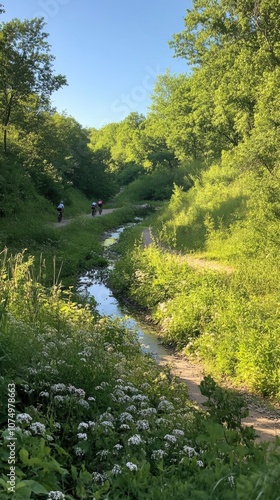 A serene morning ride along the scenic Katy Trail with lush greenery and a winding creek in view