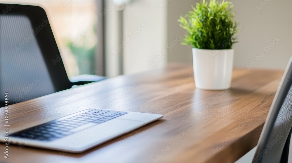 Minimalist Office Desk with Laptop, Plant, and Chair Minimalist Office Desk with Laptop, Plant, and Chair