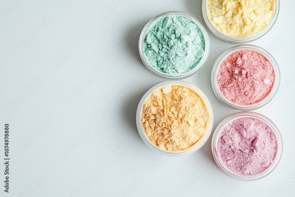 Colorful Powder Arrangement in Round Jars on White Surface Colorful Powder Arrangement in Round Jars on White Surface