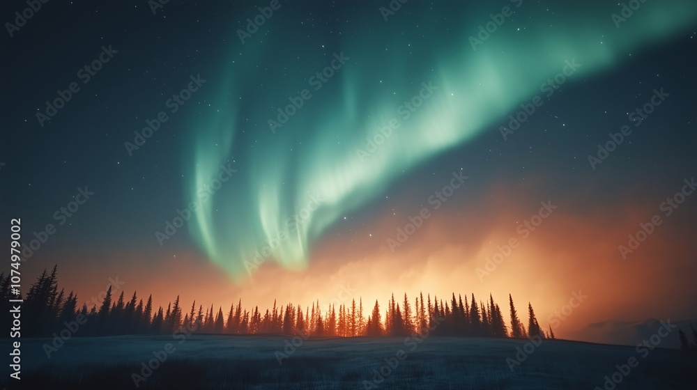 Obraz premium Northern Lights Over Forest Horizon at Twilight
