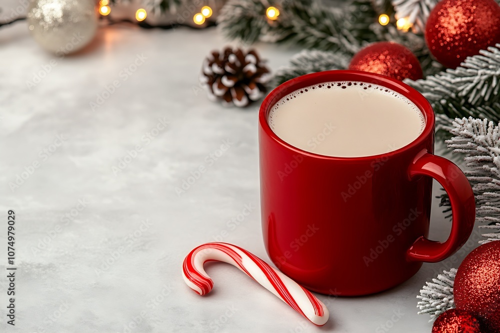 Red Mug with Warm Christmas Cocoa Near Festive Decorations and Candy Canes : Generative AI Red Mug with Warm Christmas Cocoa Near Festive Decorations and Candy Canes : Generative AI