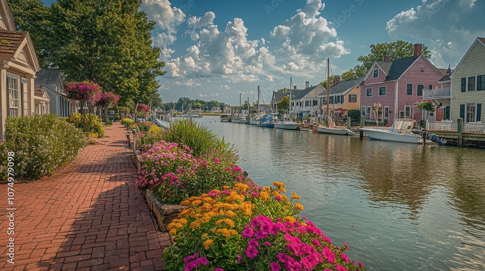 Fototapeta premium Explore the charming waterfront of St, featuring colorful houses and vibrant gardens along the historic canal at sunset