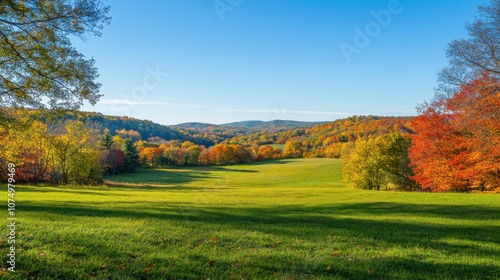 A vibrant display of fall foliage over rolling hills in a serene landscape during a clear autumn day