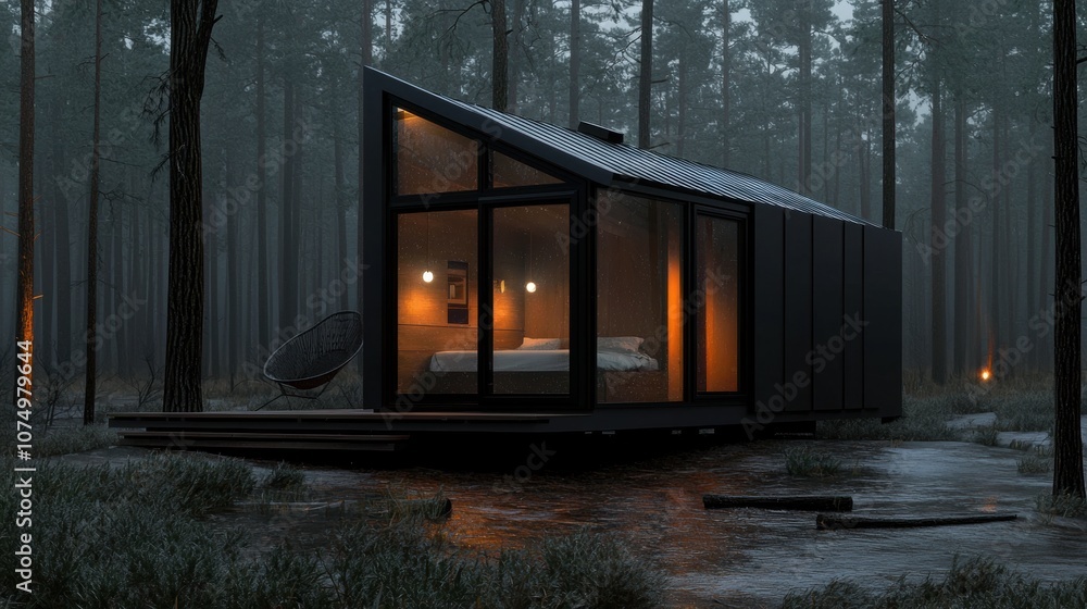 A small cabin in the woods with a bed and a chair A small cabin in the woods with a bed and a chair