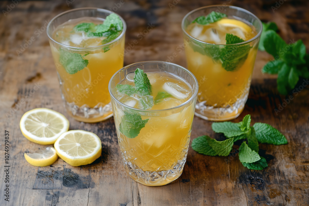 Fototapeta premium Refreshing iced tea with mint and lemon served in three glasses on a rustic wooden table. Generative AI