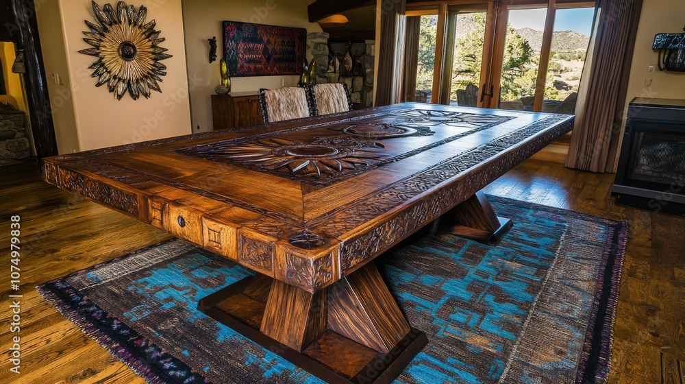 Exquisite Handcrafted Wooden Dining Table in Rustic Setting with Intricate Carvings and Warm Tone, Surrounded by Inviting Atmosphere and Scenic View Exquisite Handcrafted Wooden Dining Table in Rustic Setting with Intricate Carvings and Warm Tone, Surrounded by Inviting Atmosphere and Scenic View