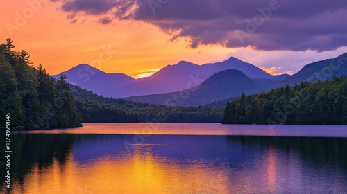 Stunning sunset over the tranquil waters of the Adirondack Mountains reflecting vibrant colors and rugged peaks