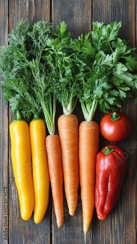 An overhead shot of an assortment of fresh organic vegetables and herbs laid out on a rustic wooden table.