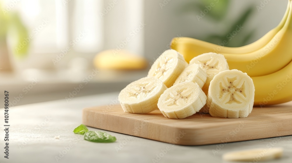 Ripe banana shown on a cutting board with freshly cut slices visible close-up emphasizing moisture and freshness, Photorealistic Ripe banana shown on a cutting board with freshly cut slices visible close-up emphasizing moisture and freshness, Photorealistic