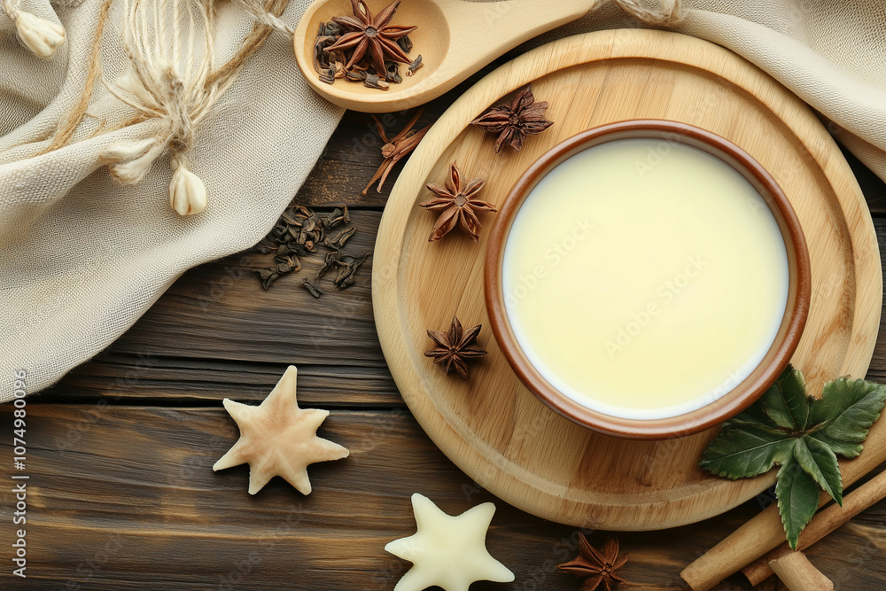 A cozy arrangement of spices and creamy beverage served on a wooden platter with decorative elements in a warm setting. Generative AI A cozy arrangement of spices and creamy beverage served on a wooden platter with decorative elements in a warm setting. Generative AI
