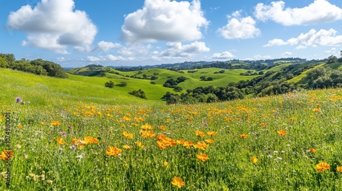 A vibrant landscape of colorful wildflowers and rolling green hills under a bright blue sky on a sunny day