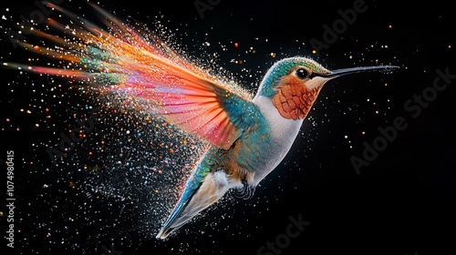 A Hummingbird in Flight Surrounded by a Burst of Colorful Particles photo