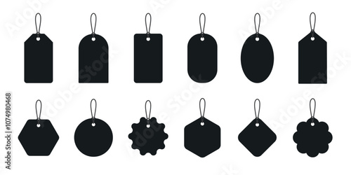 Set blank black paper price tags or gift tags. Special offer or shopping discount label. Promotional sale badge. Paper labels with cord.