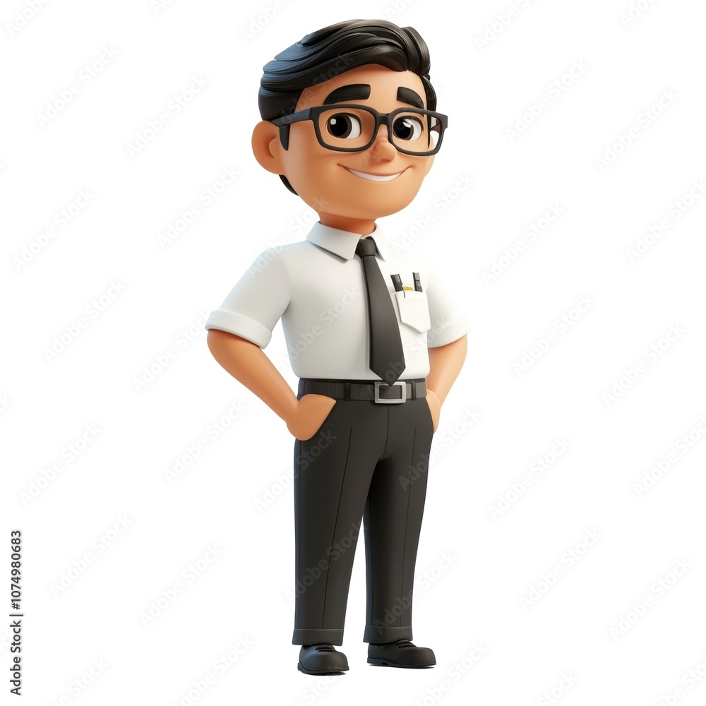 Cheerful cartoon bank employee stands confidently in style Cheerful cartoon bank employee stands confidently in style