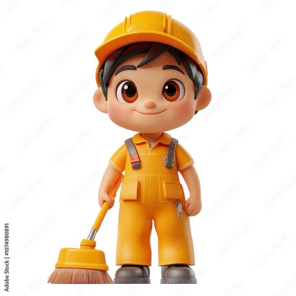 Cheerful cartoon janitor sweeping on white background Cheerful cartoon janitor sweeping on white background