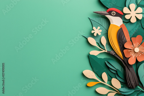 Colorful paper cutout of a bird amid vibrant flowers and leaves, creating an artistic, whimsical design perfect for nature-themed projects. photo