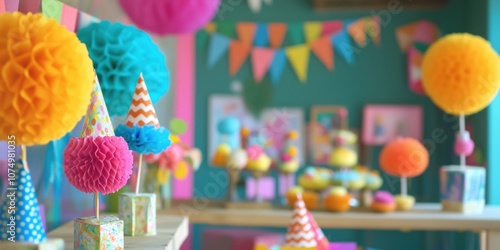 Colorful party decorations, vibrant paper pom-poms, festive hats, cupcakes photo