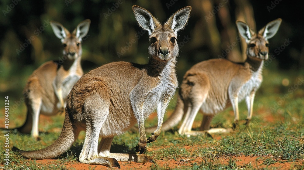 Kangaroos hop vibrant red sands Australian Outback eucalyptus trees and rugged terrain providing stunning backdrop bright blue sky. Kangaroos hop vibrant red sands Australian Outback eucalyptus trees and rugged terrain providing stunning backdrop bright blue sky.