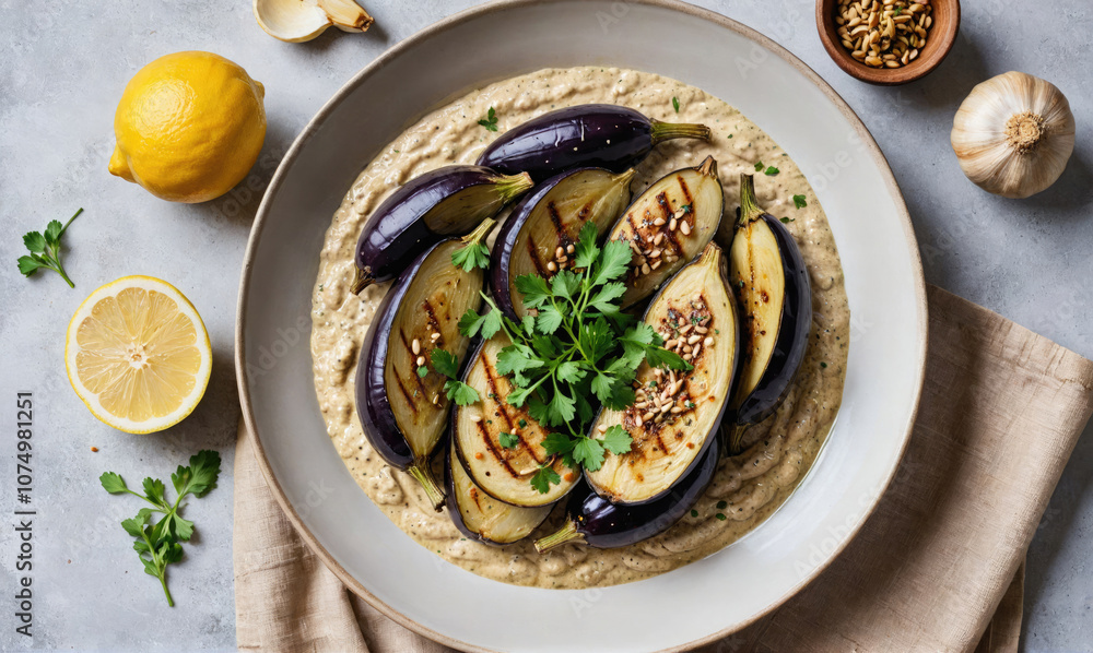 Grilled eggplant and a creamy sauce are served on a white plate, ready for a delicious meal Grilled eggplant and a creamy sauce are served on a white plate, ready for a delicious meal