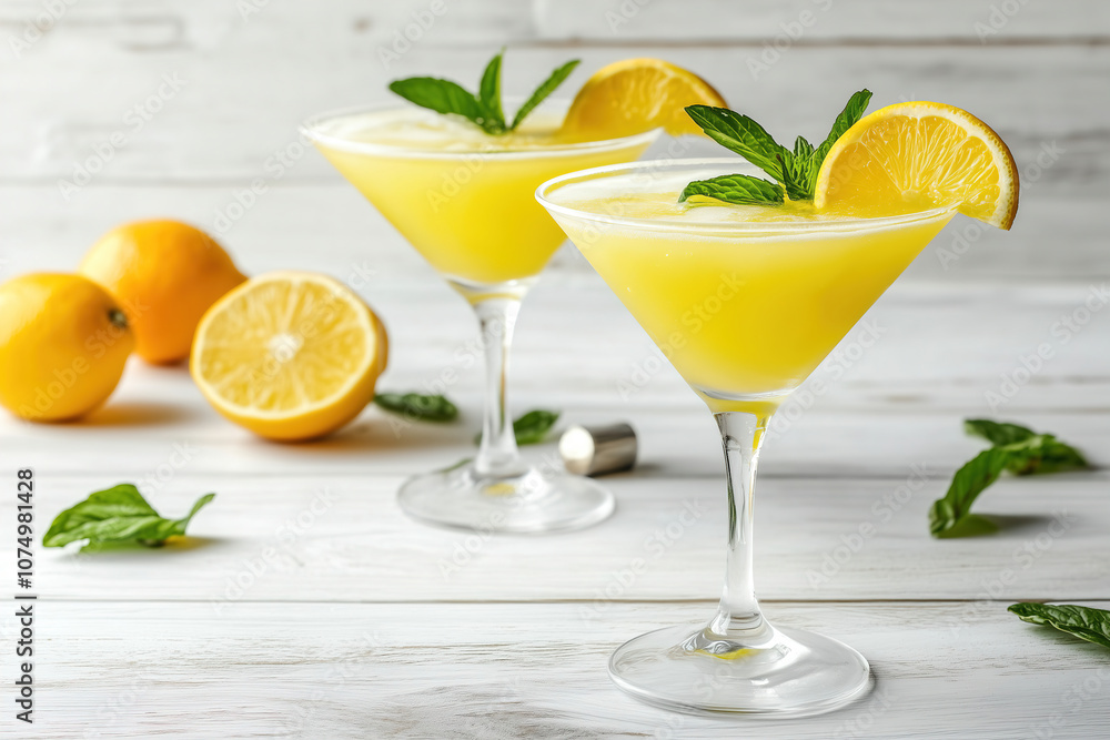 Fototapeta premium Refreshing lemon cocktails with mint garnish and fresh lemons on a wooden surface during a sunny afternoon. Generative AI