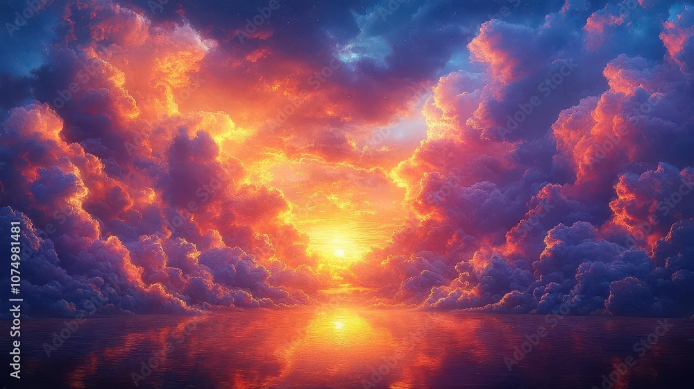 Fototapeta premium a stunning display of colorful clouds fills the sky at sunset, casting warm golden light and vibrant reflections, creating a mesmerizing and serene atmospheric scene of day transitioning to night