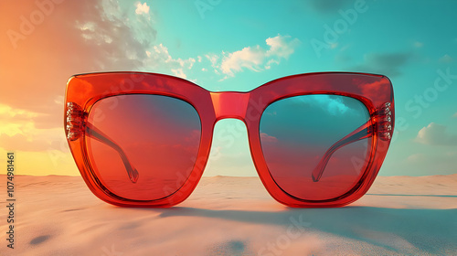 Wallpaper Mural Red stylish sunglasses on the sandy beach against a vibrant sunset sky, perfect for summer fashion and travel. Torontodigital.ca