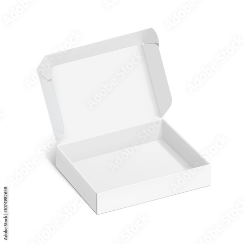 Realistic four flap open white mailing box mockup. Half side view. Ready for presentation your product. Vector illustration isolated on white background. EPS10.	