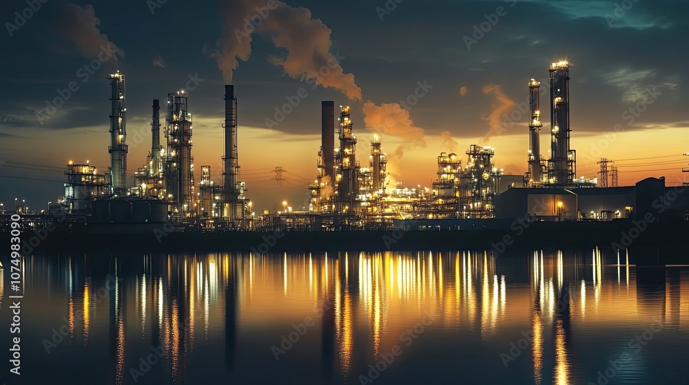 Industrial Complex Reflected in Water at Twilight