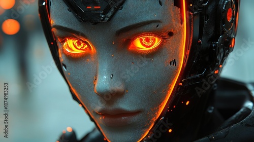 The face of a female robot, illumanted light