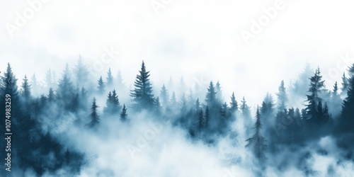 Misty forest landscape with evergreen trees and fog