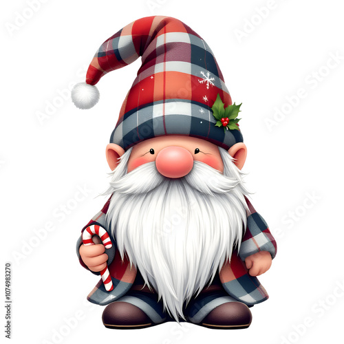 A cheerful gnome in red and green plaid pajamas holds a candy cane