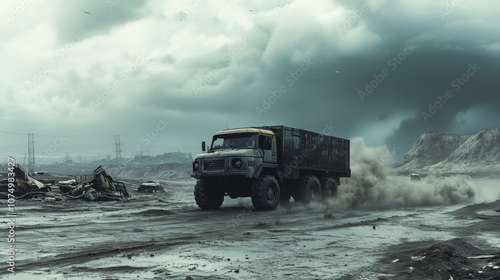 Gritty truck driving through muddy industrial wasteland under dark, stormy sky Gritty truck driving through muddy industrial wasteland under dark, stormy sky