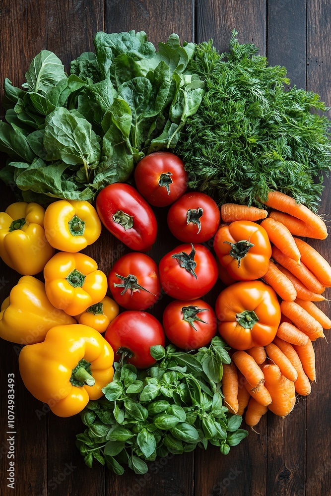 An overhead shot of an assortment of fresh organic vegetables and herbs laid out on a rustic wooden table. An overhead shot of an assortment of fresh organic vegetables and herbs laid out on a rustic wooden table.