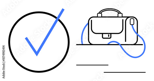 Blue checkmark inside a black circle next to a leather briefcase with a shoulder strap. Ideal for productivity, task management, work readiness, job completion, goal achievement, office themes