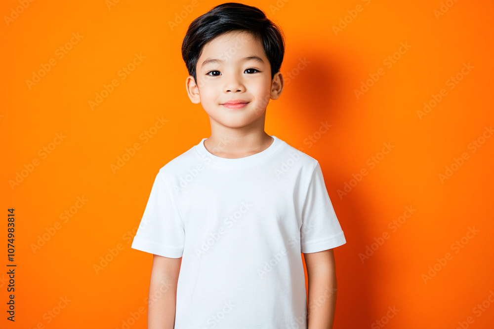 Asian boy with black hair in white t-shirt on orange background. Mockup template for brand, print and advertising. Studio shooting of cute little model. Asian boy with black hair in white t-shirt on orange background. Mockup template for brand, print and advertising. Studio shooting of cute little model.