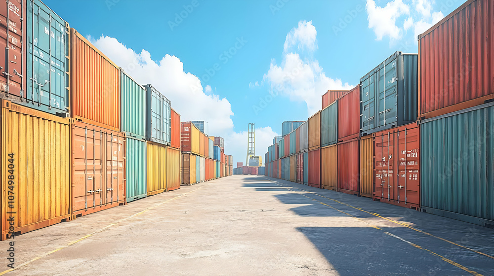 Fototapeta premium Vibrant shipping containers aligned in a storage yard under a clear blue sky, symbolizing global trade.