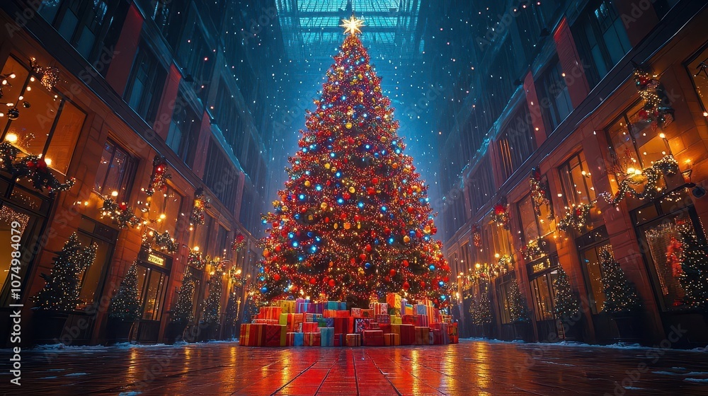 Naklejka premium a towering christmas tree adorned with bright lights and colorful presents creates a festive atmosphere, radiating joy and holiday spirit