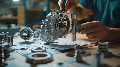 A Man Examining a Complex Metal Gear System