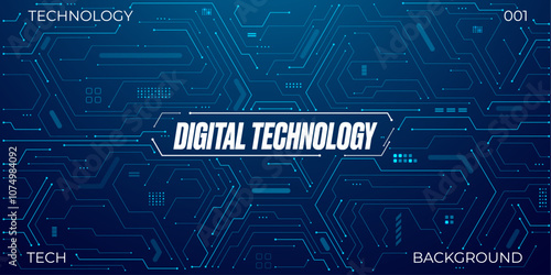 Circuit board. Abstract technology background with text. Tech bg in electric blue. Big data and AI chip concept.  Digital banner in navy blue. Futuristic computer pattern. Vector illustration. 