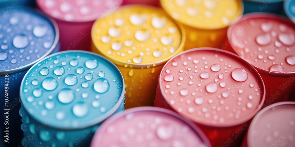 Colorful cups with water droplets, vibrant hues, close-up view Colorful cups with water droplets, vibrant hues, close-up view