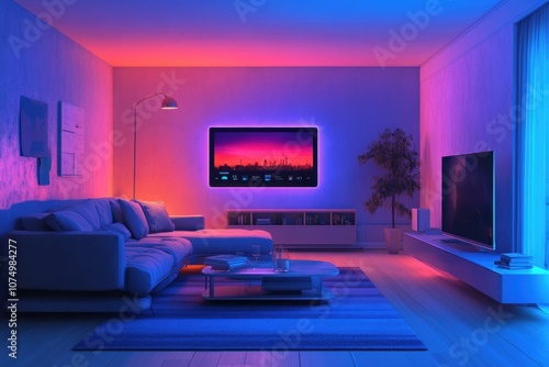 A stylish living room showcases ambient smart lighting in vibrant hues, creating a cozy space perfect for relaxation or entertainment at night. Generative AI