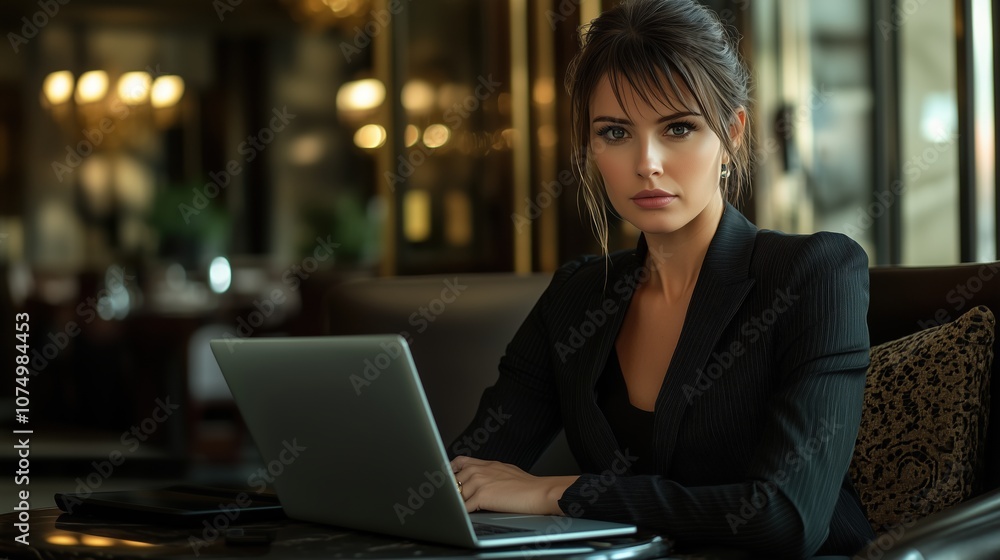 Elegant businesswoman with laptop in luxurious setting, symbolizing power and confidence Elegant businesswoman with laptop in luxurious setting, symbolizing power and confidence