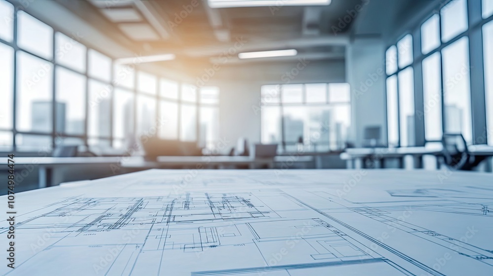 Architectural Blueprint on a Table with a Blurred Office Background Architectural Blueprint on a Table with a Blurred Office Background
