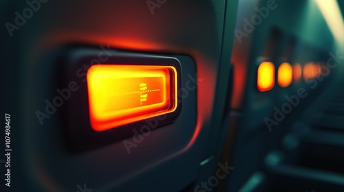 Close-up view of the illuminated seatbelt sign in an airplane cabin during a flight