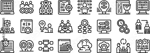 Hackathon icons set. Software development process and teamwork, programmers collaborating, coding, and implementing innovative solutions