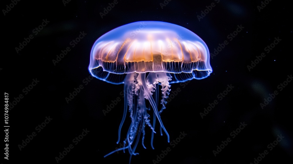 Close-up of a translucent comb jelly pulsating gracefully in dark water, showcasing the mesmerizing bioluminescence and delicate marine life. Close-up of a translucent comb jelly pulsating gracefully in dark water, showcasing the mesmerizing bioluminescence and delicate marine life.