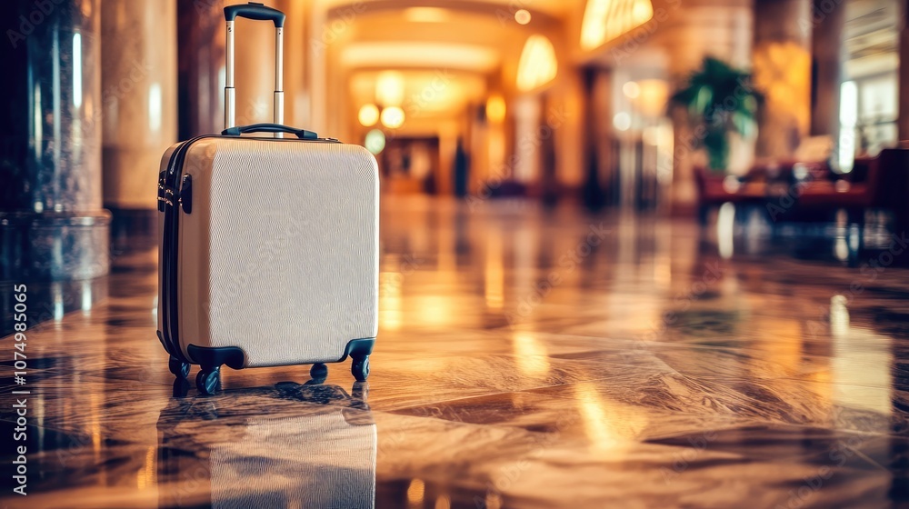 Elegant Travel Luggage in a Luxurious Hotel Lobby with Marble Flooring and Warm Lighting Creating a Welcoming Ambiance for Guests Elegant Travel Luggage in a Luxurious Hotel Lobby with Marble Flooring and Warm Lighting Creating a Welcoming Ambiance for Guests